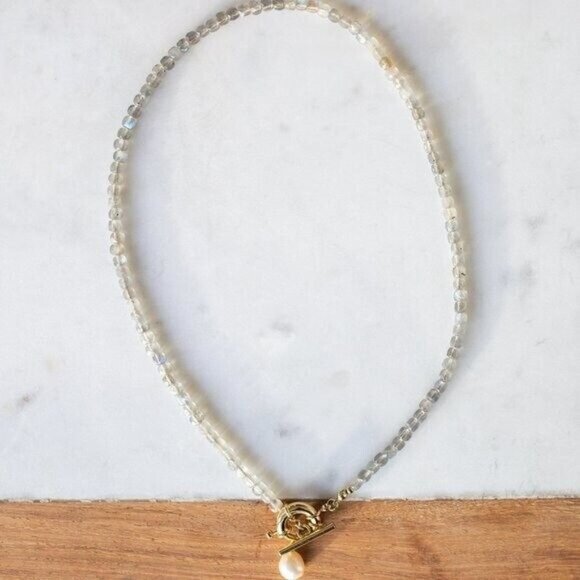 Labradorite Beaded Necklace w/ Gold Toggle Clasp + Removable Pearl BEAUTIFUL - Picture 13 of 15